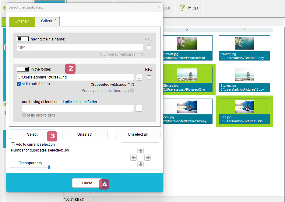 Advanced selection window